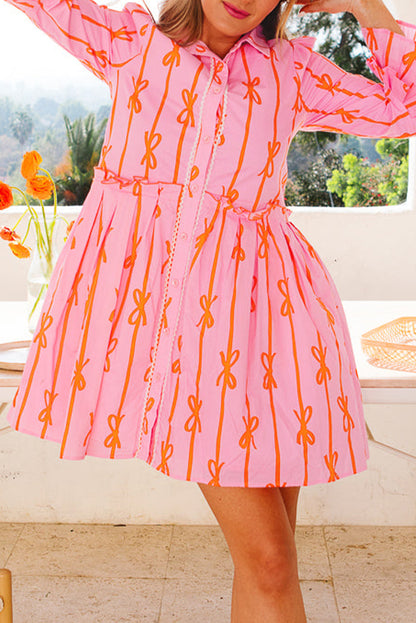 Pink Bowknot Striped Printed Tiered Ruffled Mini Shirt Dress