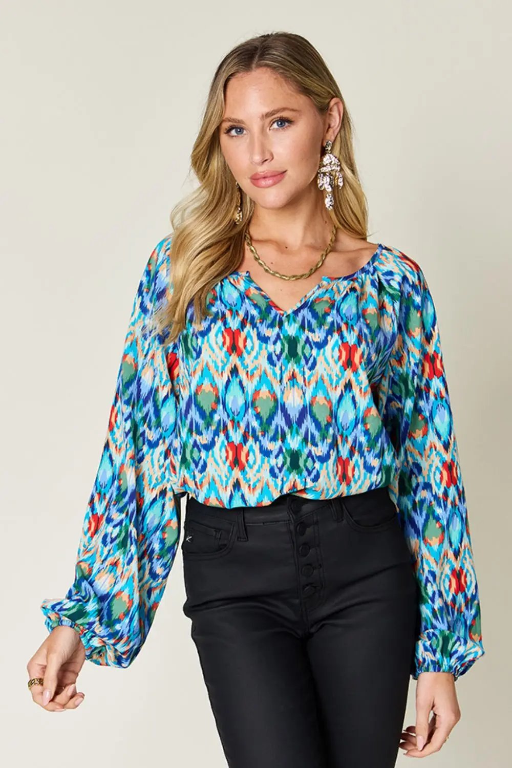 Double Take Full Size Printed Balloon Sleeve Blouse - Love Salve