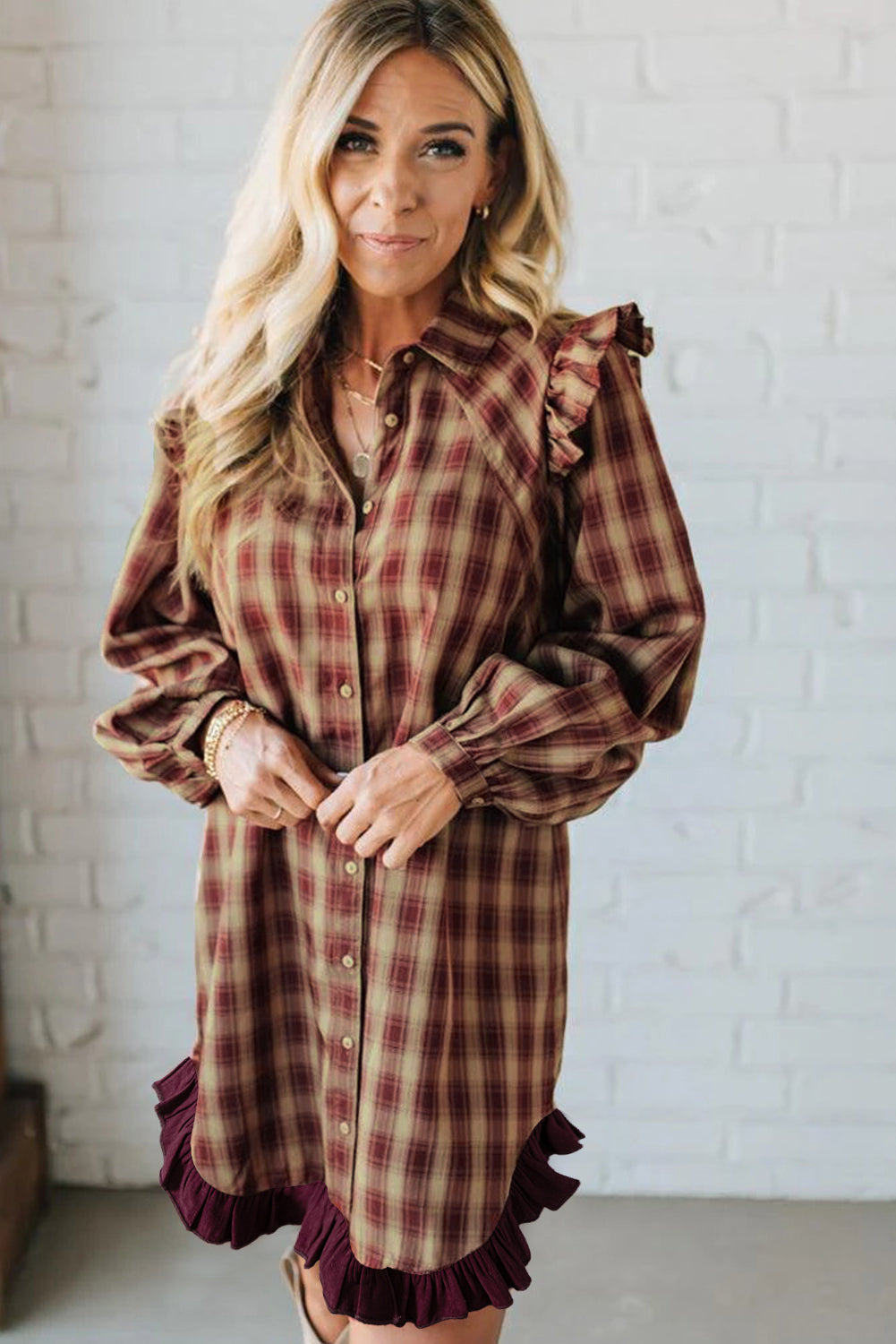 Red Plaid Ruffled Long Sleeve Patchwork Shirt Dress