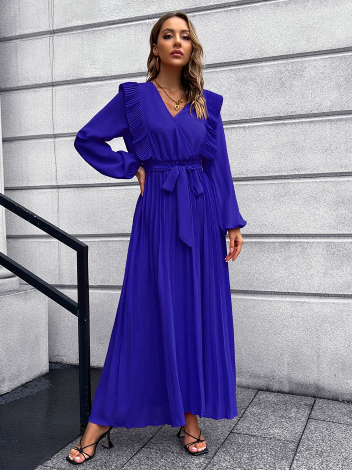 Pleated Surplice Tie Waist Maxi Dress.