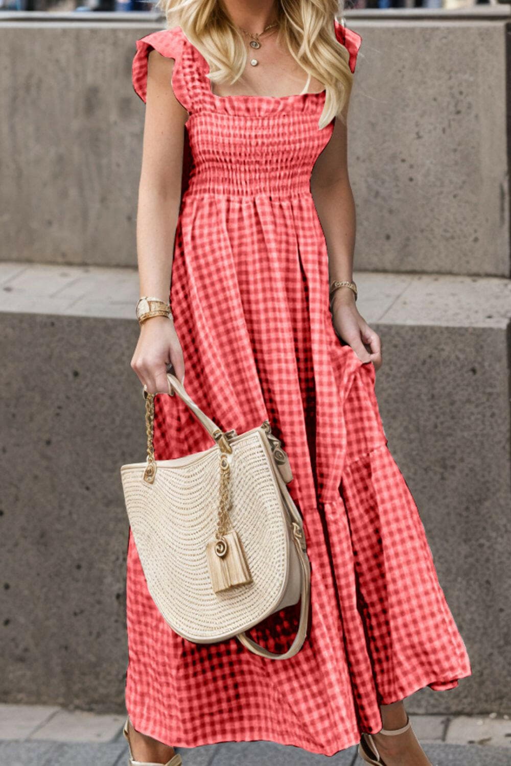 Full Size Smocked Ruffled Plaid Ruffle Hem Dress.