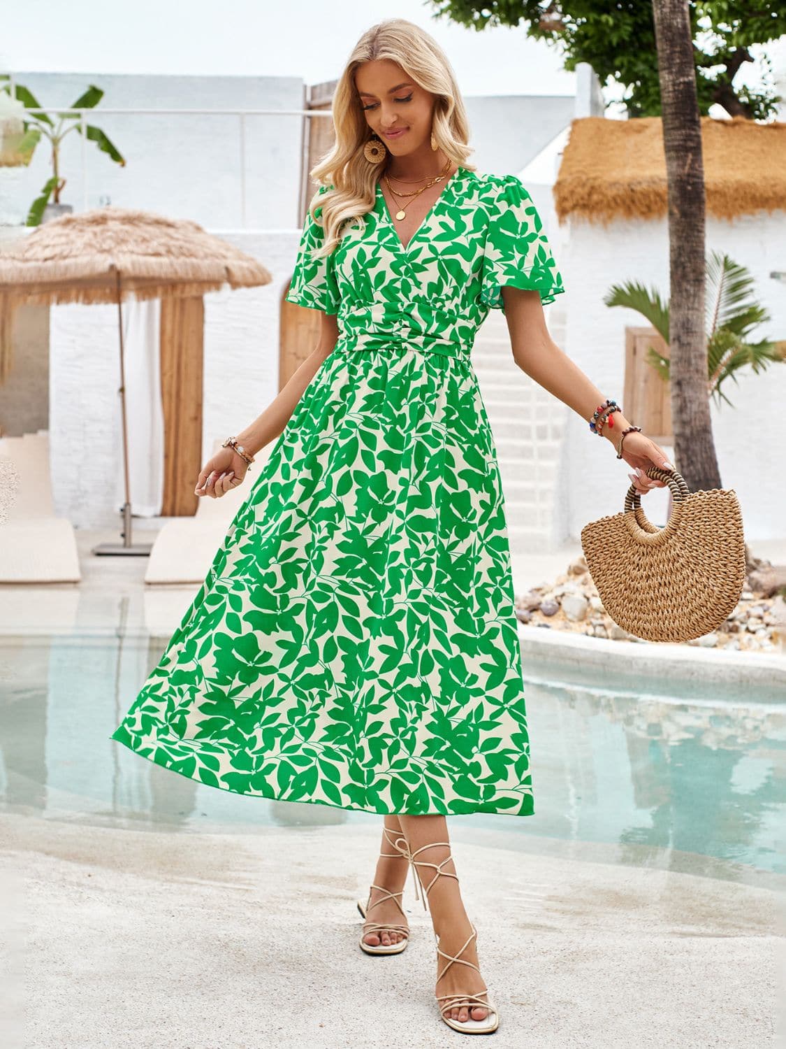 Printed Surplice Short Sleeve Midi Dress.