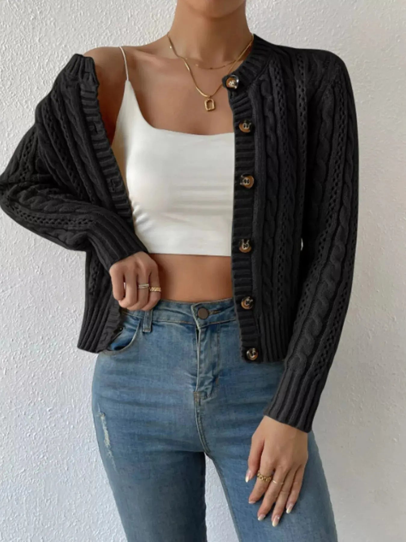 Cable Knit Button-Up Cardigan Simply Love