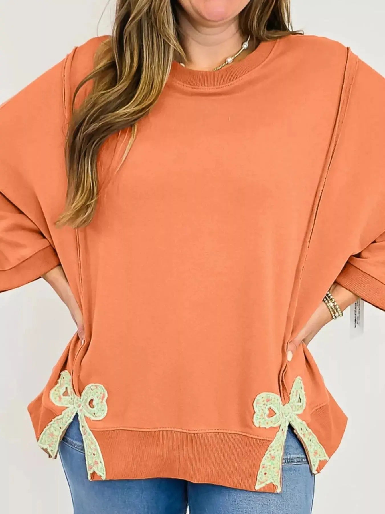 Bow Slit Round Neck Sweatshirt Simply Love