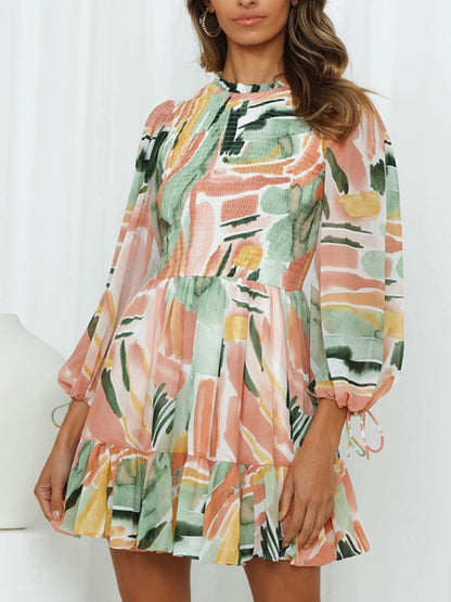 Printed Mock Neck Balloon Sleeve Mini Dress.