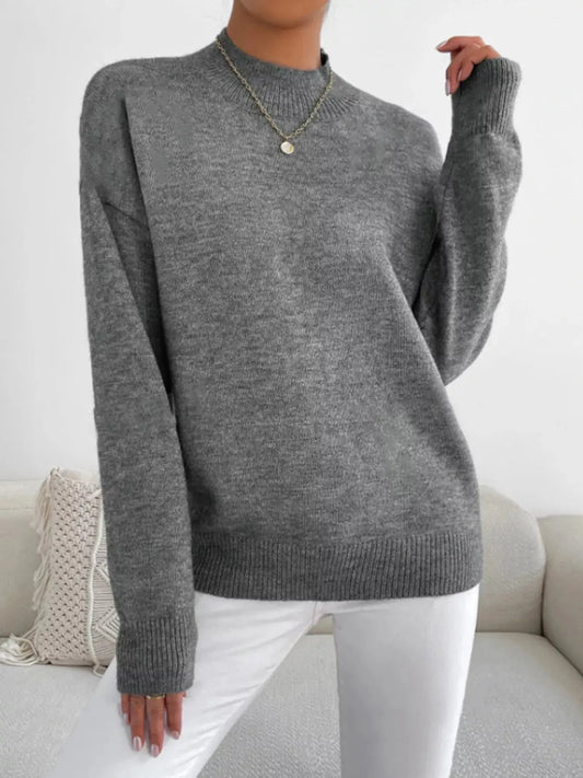 Mock Neck Dropped Shoulder Sweater Simply Love