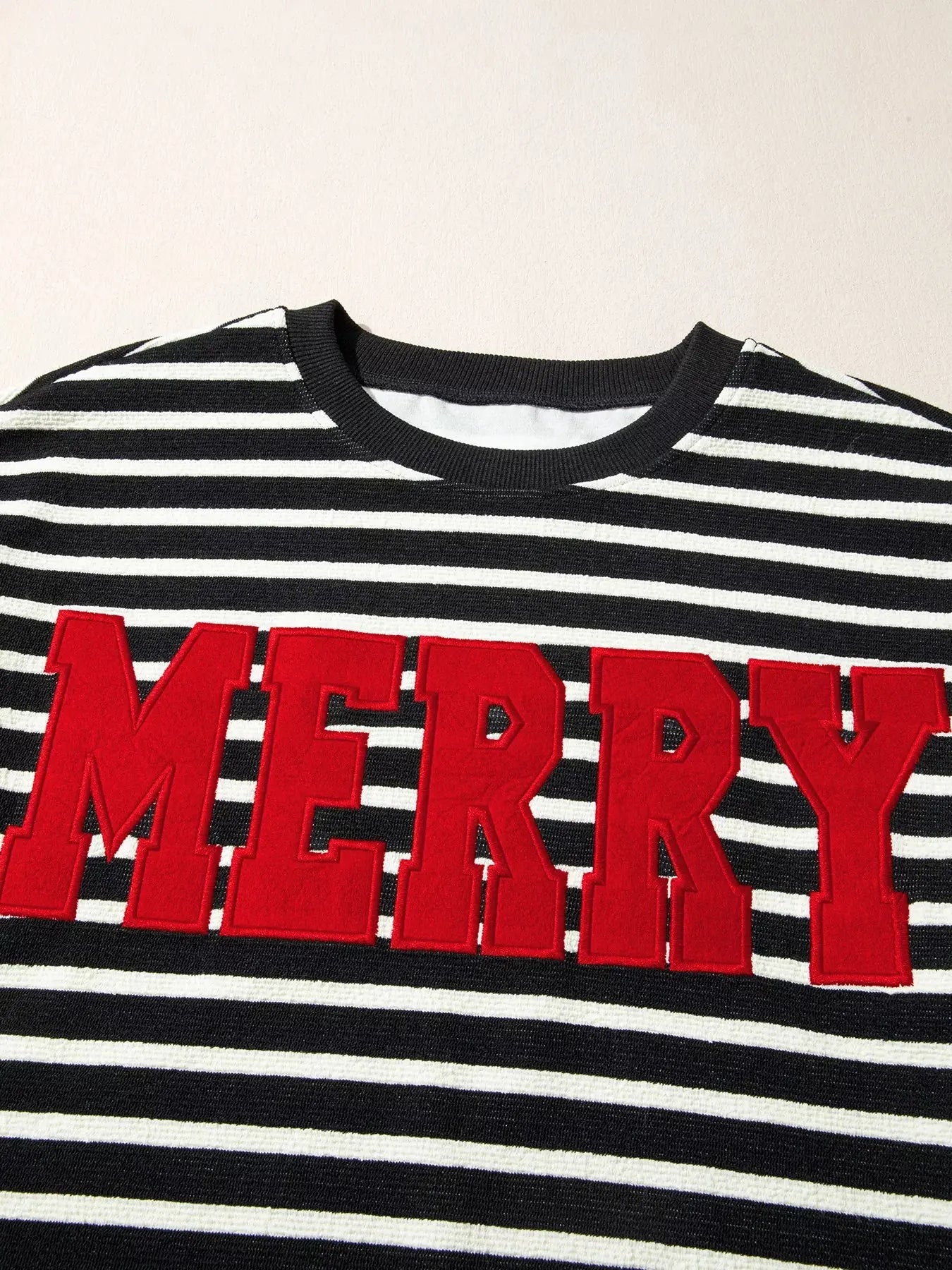 Striped Christmas Sweatshirt With Red Merry Letter Print Drop Shoulder Simply Love