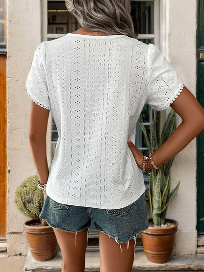 Eyelet V-Neck Petal Sleeve Blouse.