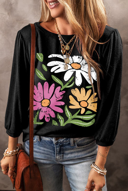 Flower Graphic Round Neck Long Sleeve Top.