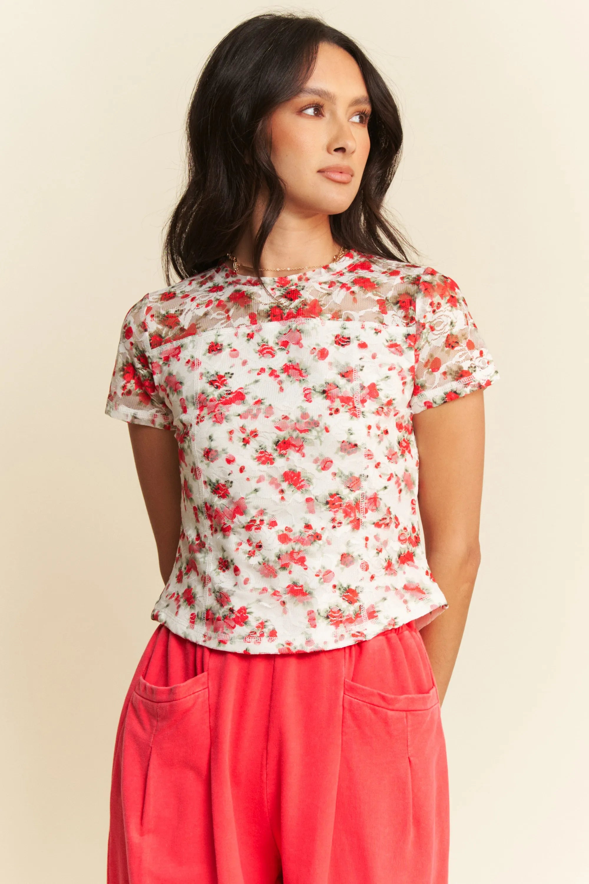 Davi & Dani Ribbon Short Sleeve Layered Mesh Top - Love Salve 