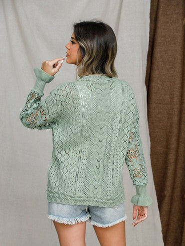 Eyelet Crochet Lantern Sleeve Sweater.