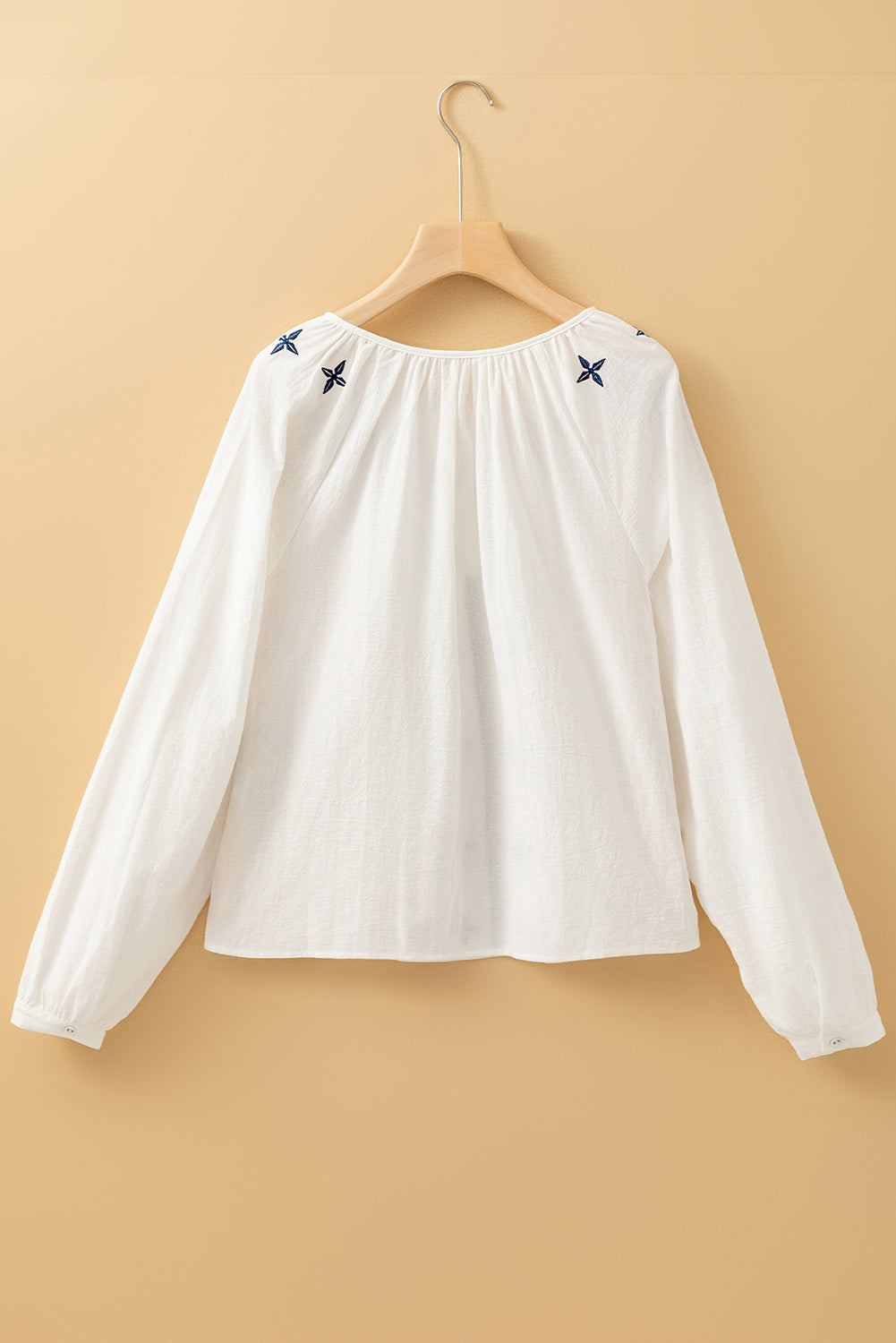 White Geometric Embroidered Long Sleeve Blouse for Women