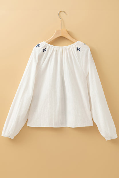 White Geometric Embroidered Long Sleeve Blouse for Women