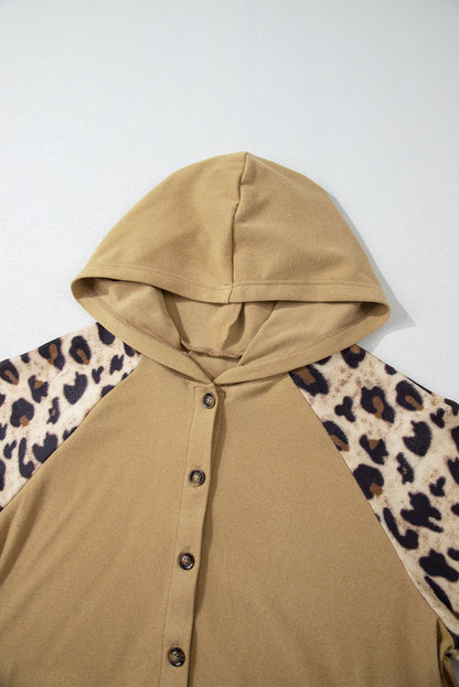 French beige leopard patchwork hoodie with half-button detail and raglan sleeves