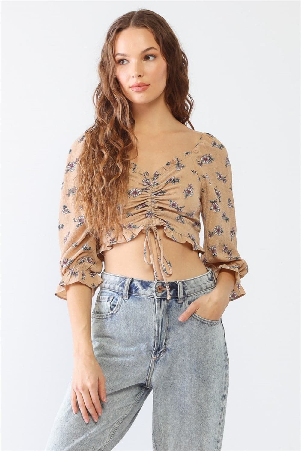 Miss Love / Kevin Co. Floral Ruffle Smocked Back Ruched Crop Top.