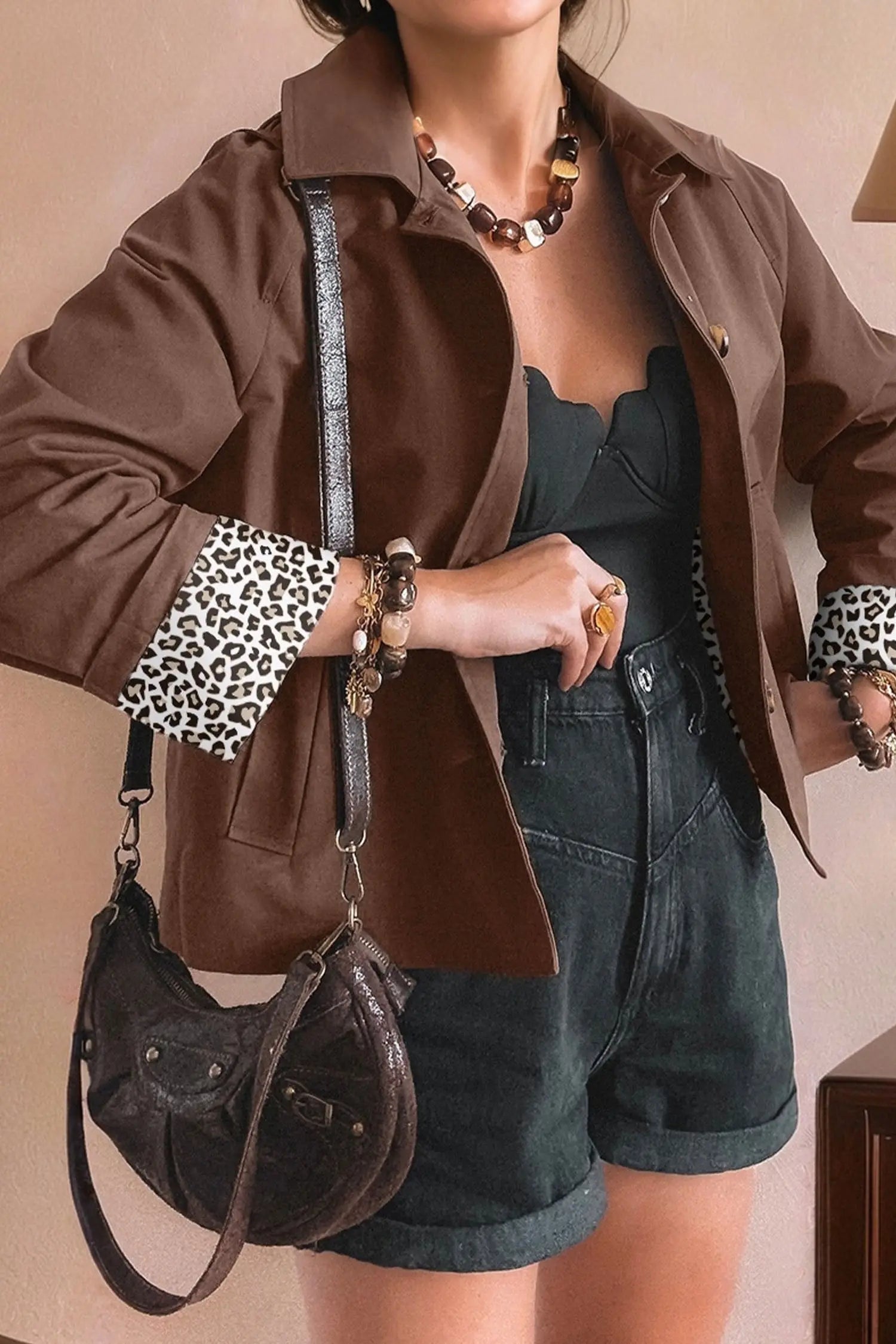 Dark Brown Collared Leopard Patchwork Liner Buttoned Jacket Chic Dear-Lover Dropshipping