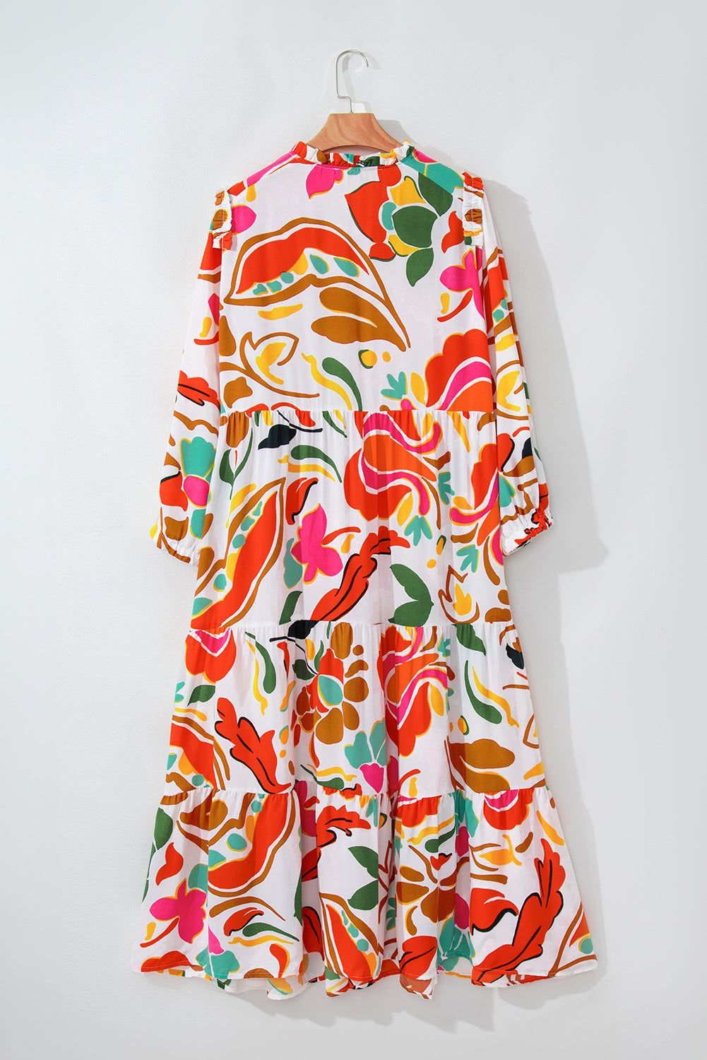 Floral elegance: Plus size orange tiered dress with drawstring and v-neck