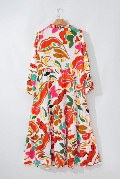 Floral elegance: Plus size orange tiered dress with drawstring and v-neck