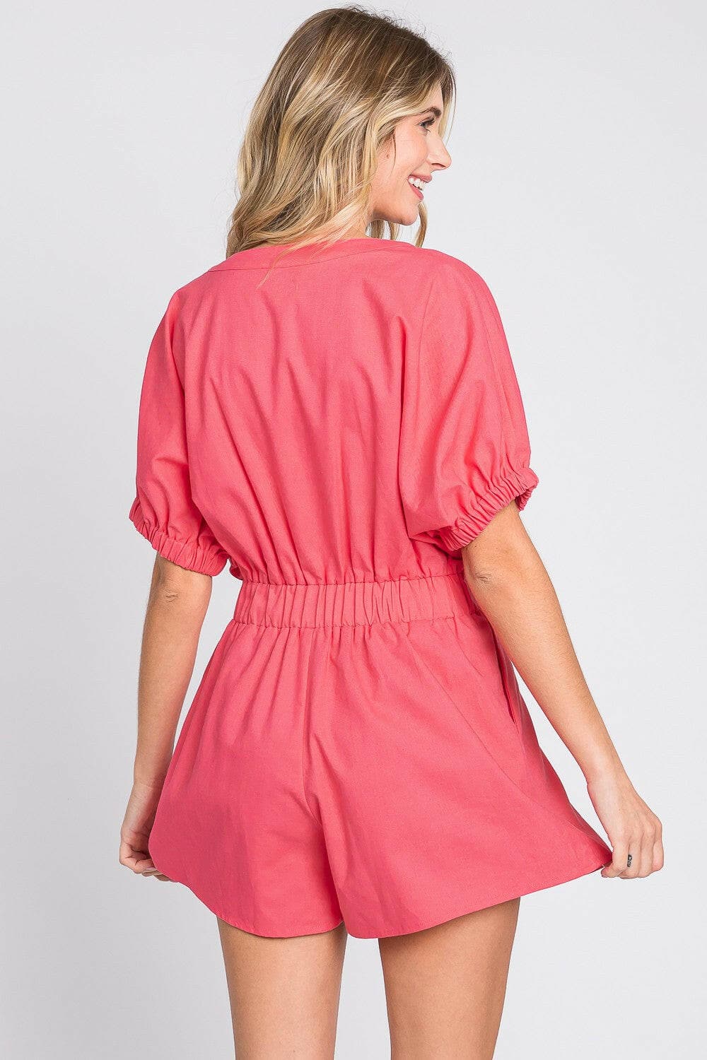 GeeGee Half Button V-Neck Linen Romper.