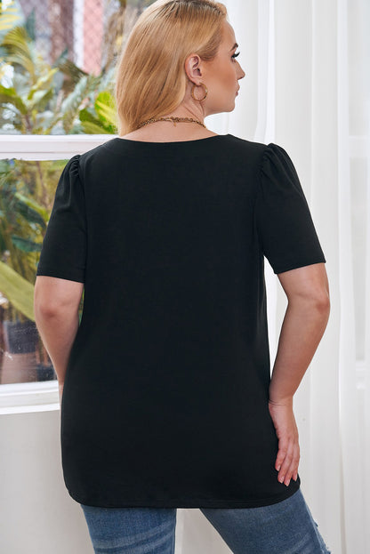 Chic black plus size square neck top with ruched sleeves