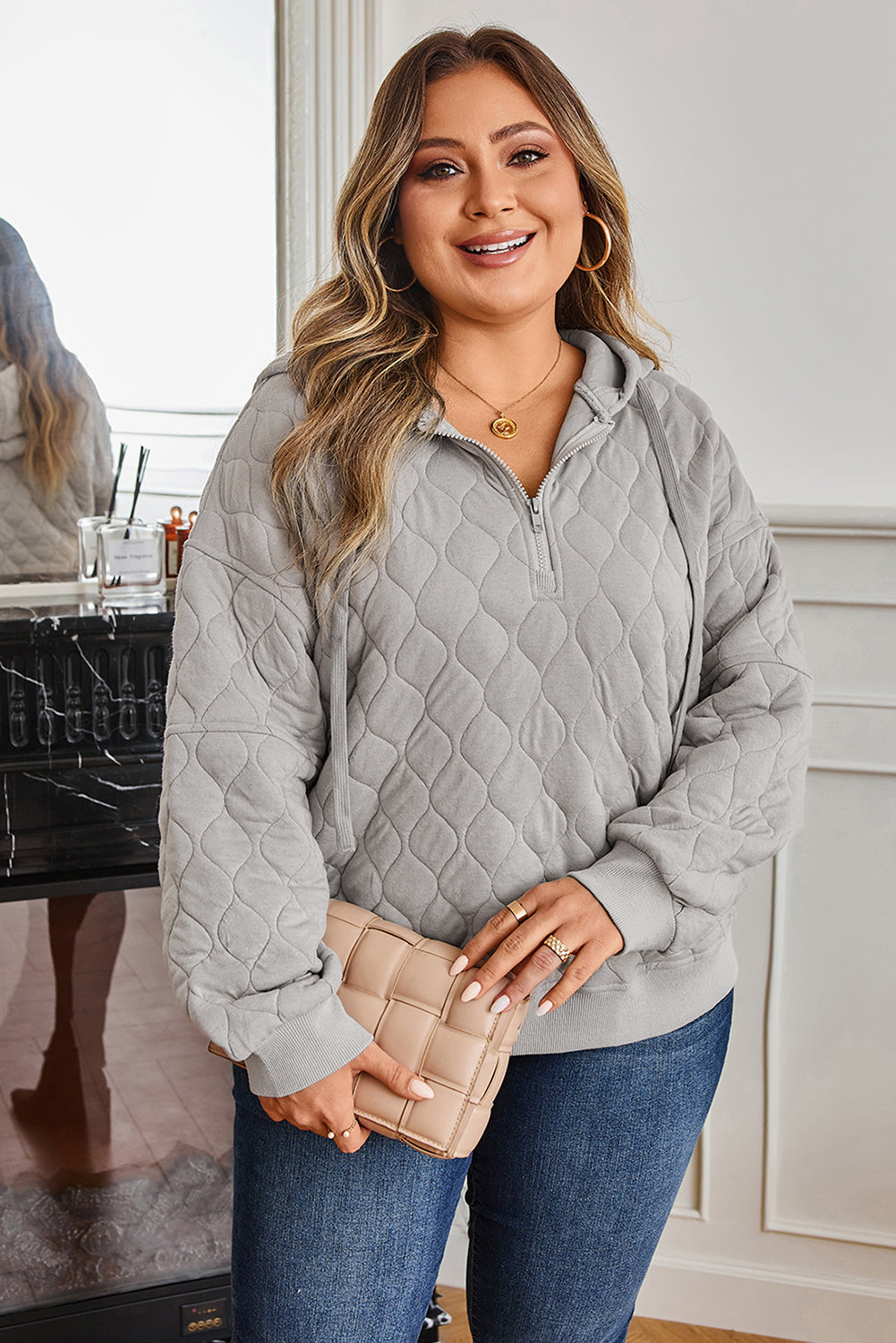 Gray Quilted Quarter Zip Plus Size Hoodie for Women Dear-Lover Dropshipping