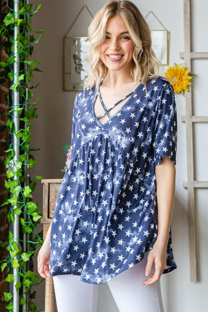 Heimish Full Size Short Sleeve Crisscross Star Babydoll Top.