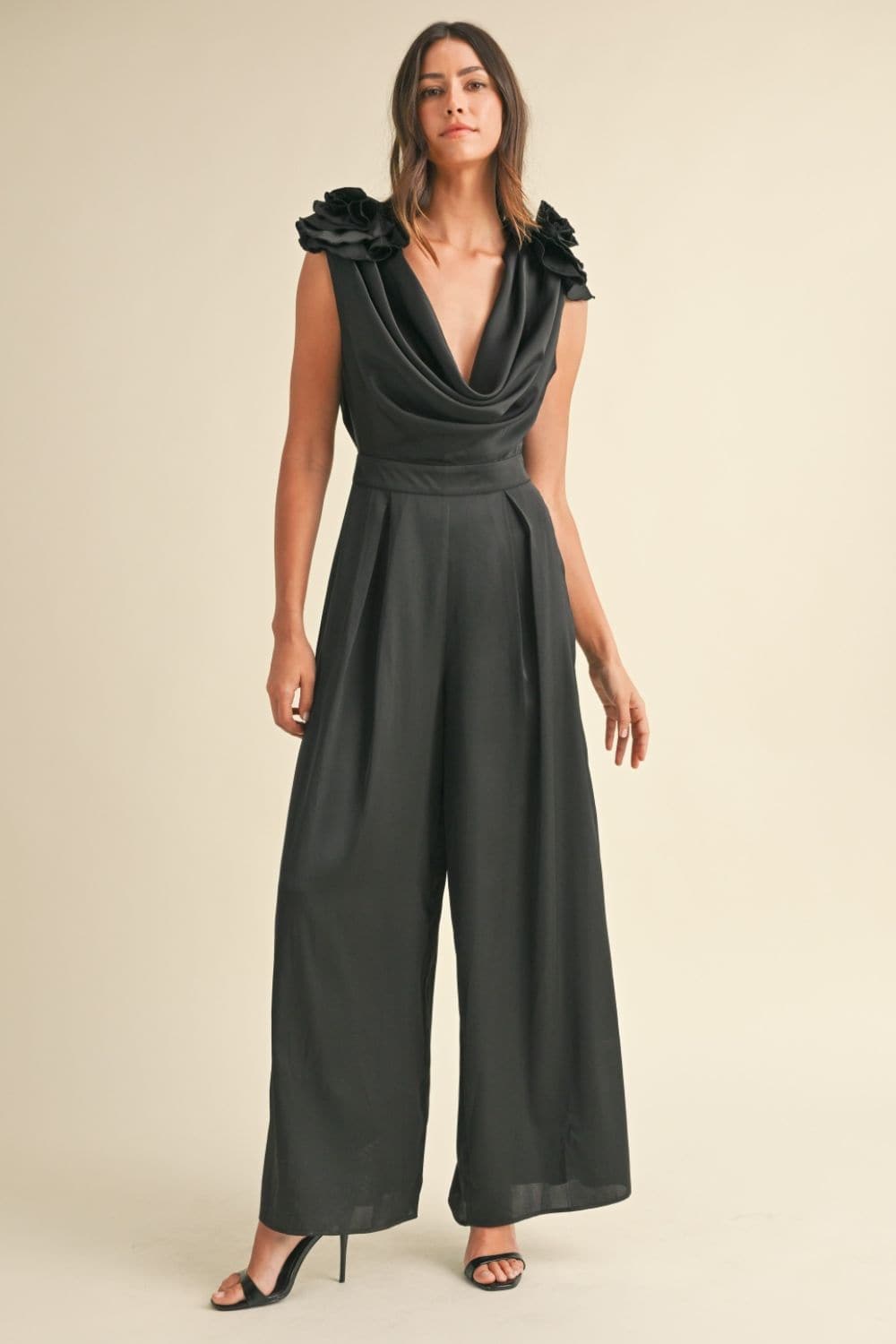 Satin elegance: 3D floral applique deep cowl neck jumpsuit