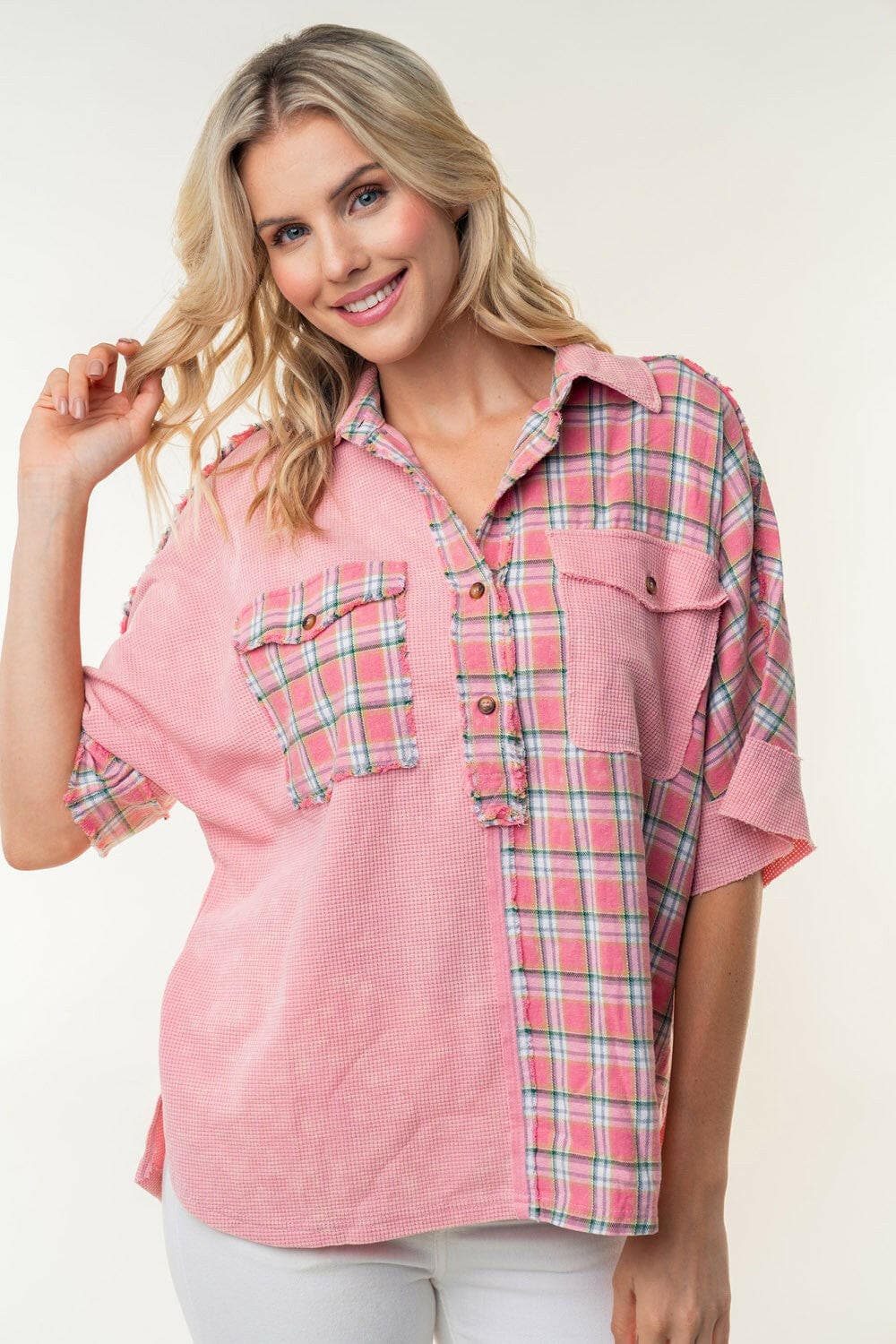 White Birch Plaid Color Block Half Button Top.