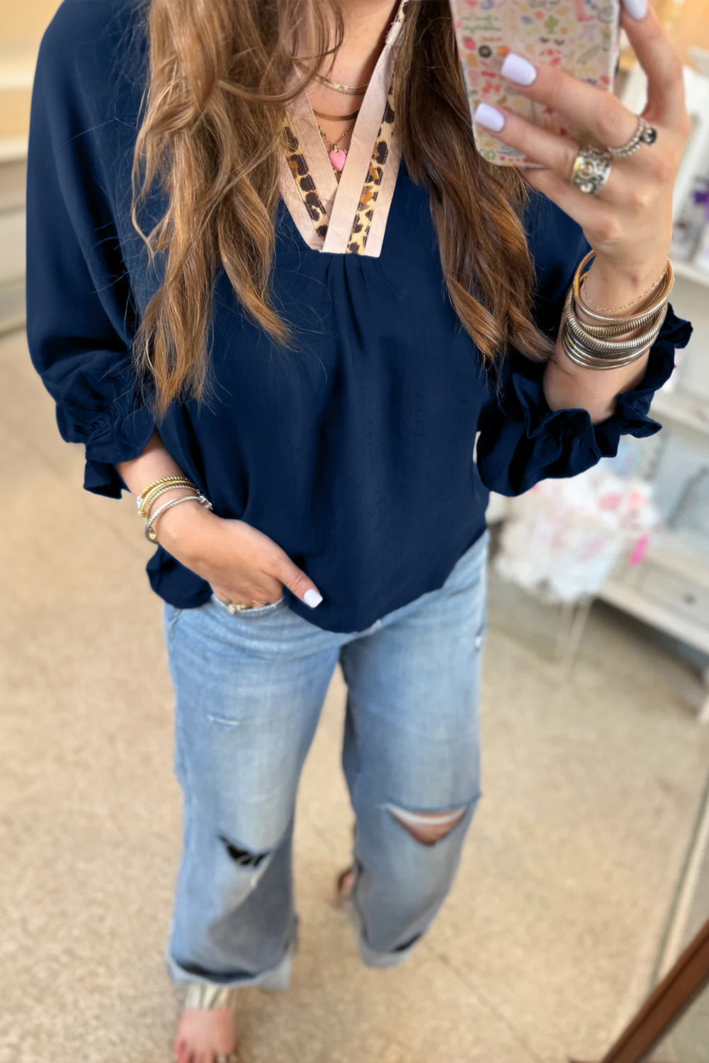 Dirty Blue Leopard Trim V Neck Flounced Bracelet Sleeve Blouse Dear-Lover Dropshipping