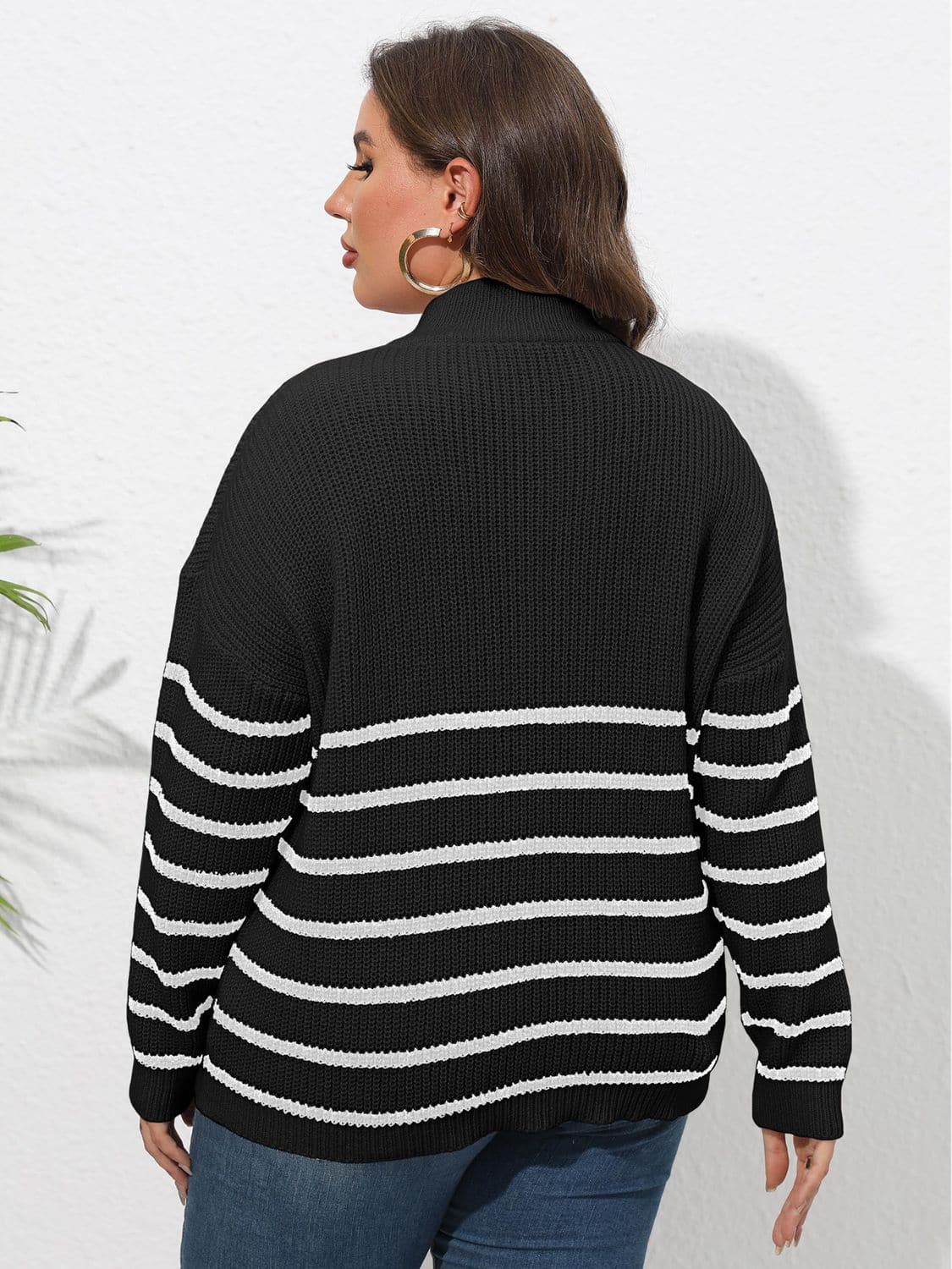 Plus Size Zip-Up Striped Sweater.