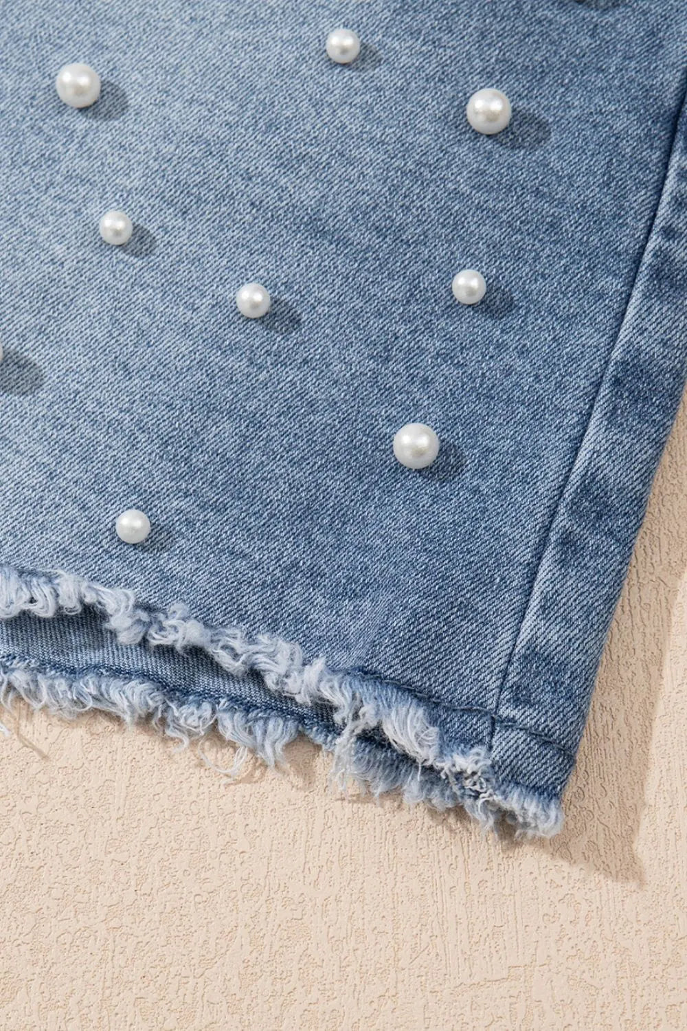 Pearl Beaded Raw Hem Wash Denim Shorts