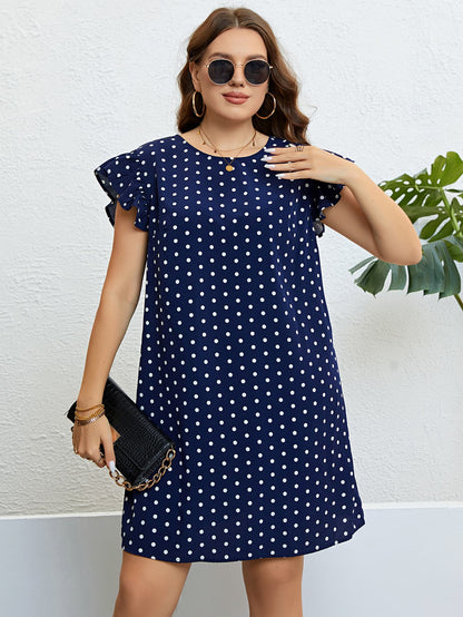 Plus Size Polka Dot Round Neck Dress.