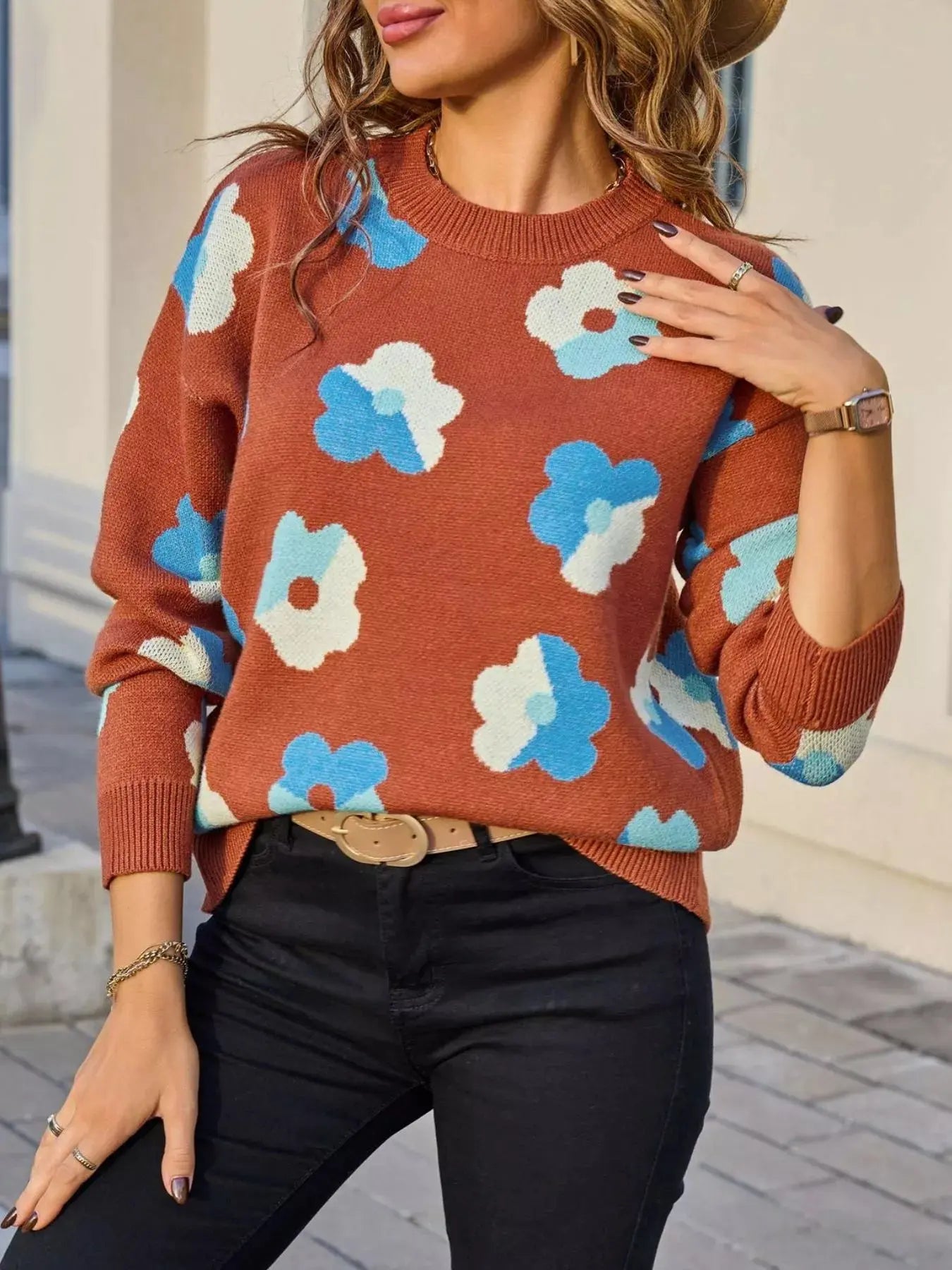Floral Crew Neck Long Sleeve Sweater Simply Love