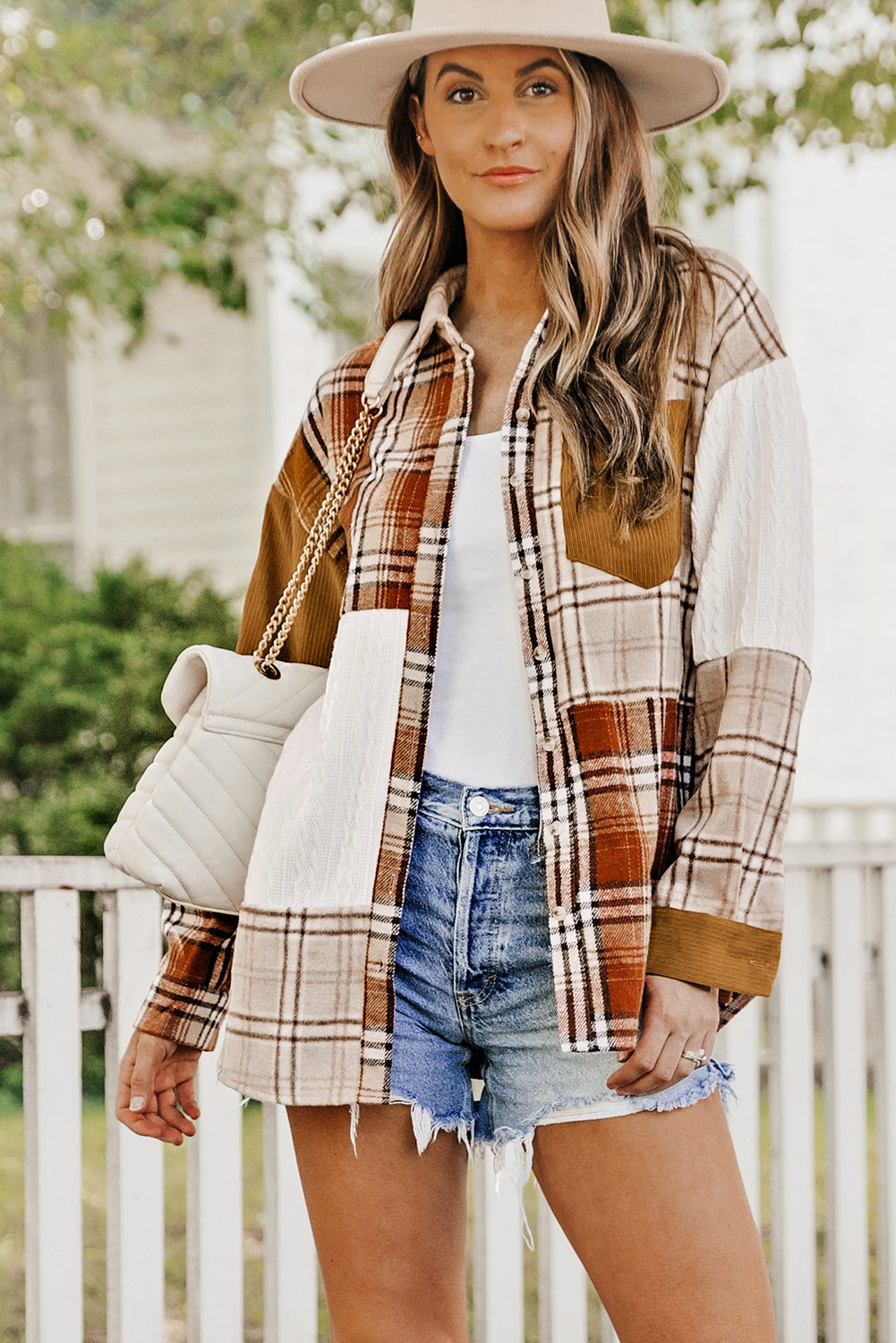 Vibrant orange plaid patchwork shirt jacket with practical pockets