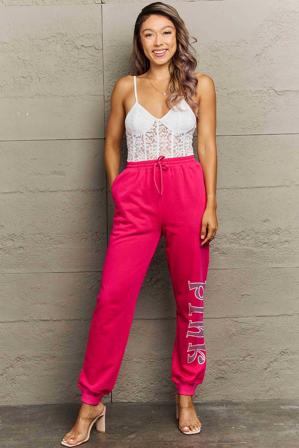 Simply Love Full Size PINK Graphic Sweatpants.