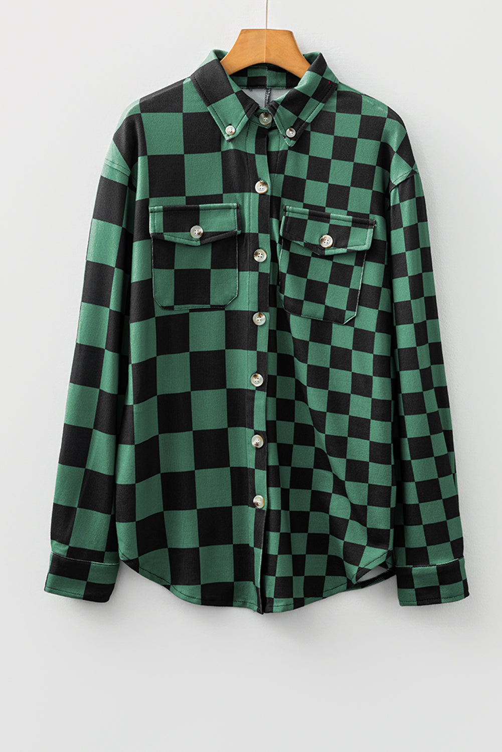 Green Checkerboard Shacket With Flap Pocket And Button Front Closure For Casual Outerwear Dear-Lover Dropshipping