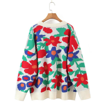 Floral Round Neck Drop Shoulder Sweater.