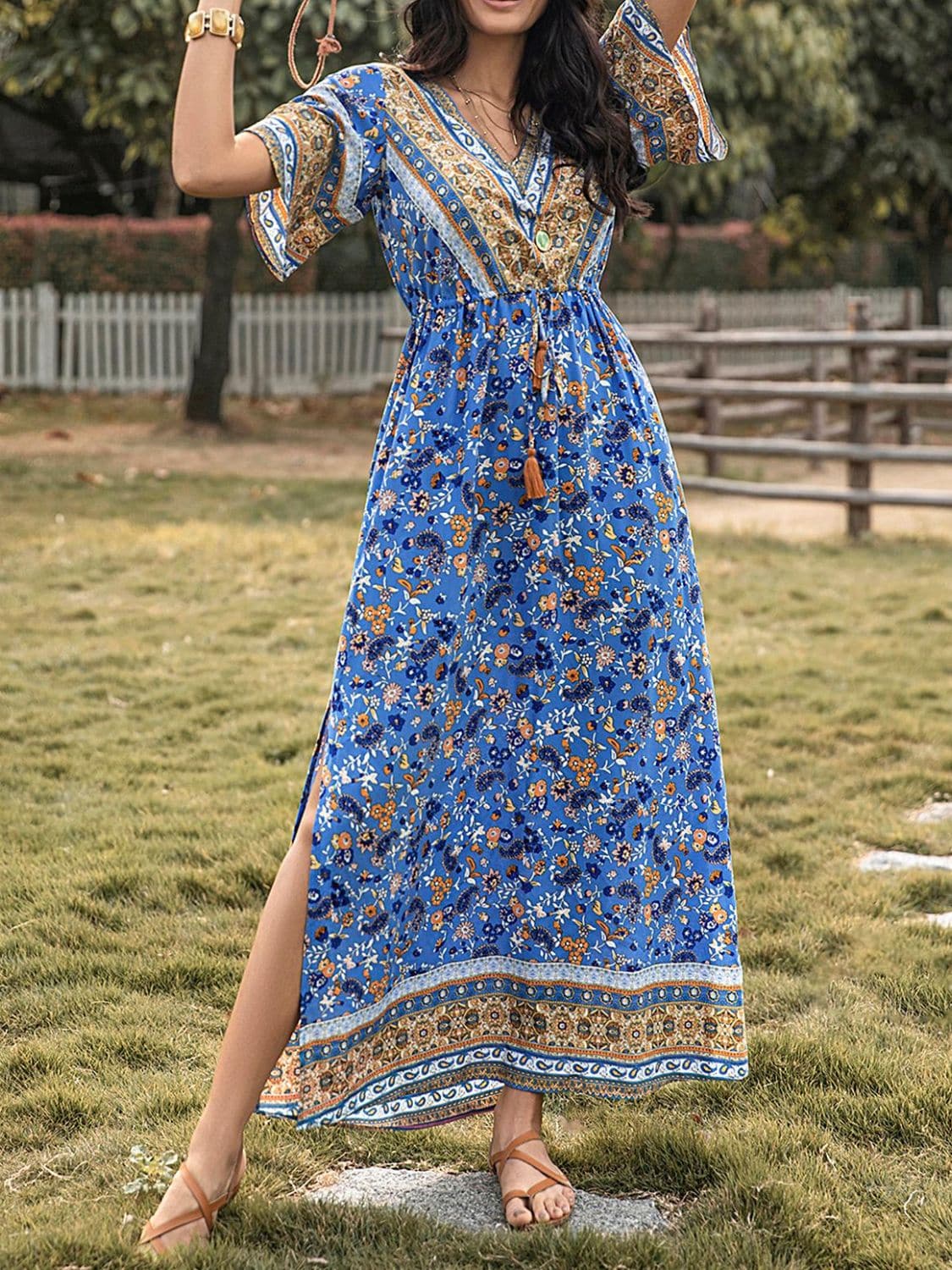 Slit Printed V-Neck Half Sleeve Maxi Dress.