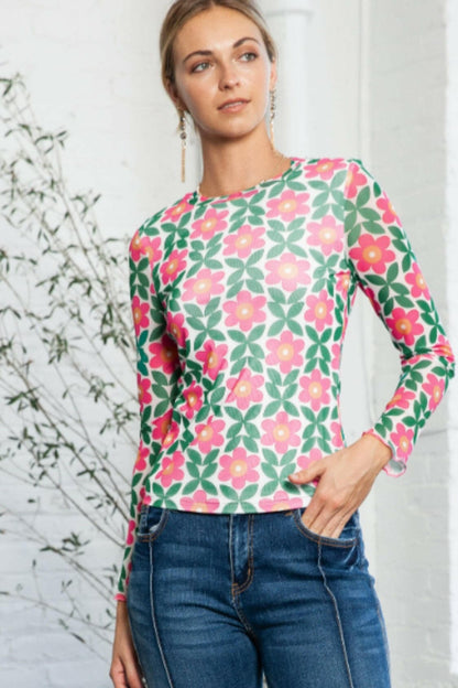 Floral Round Neck Long Sleeve Top.