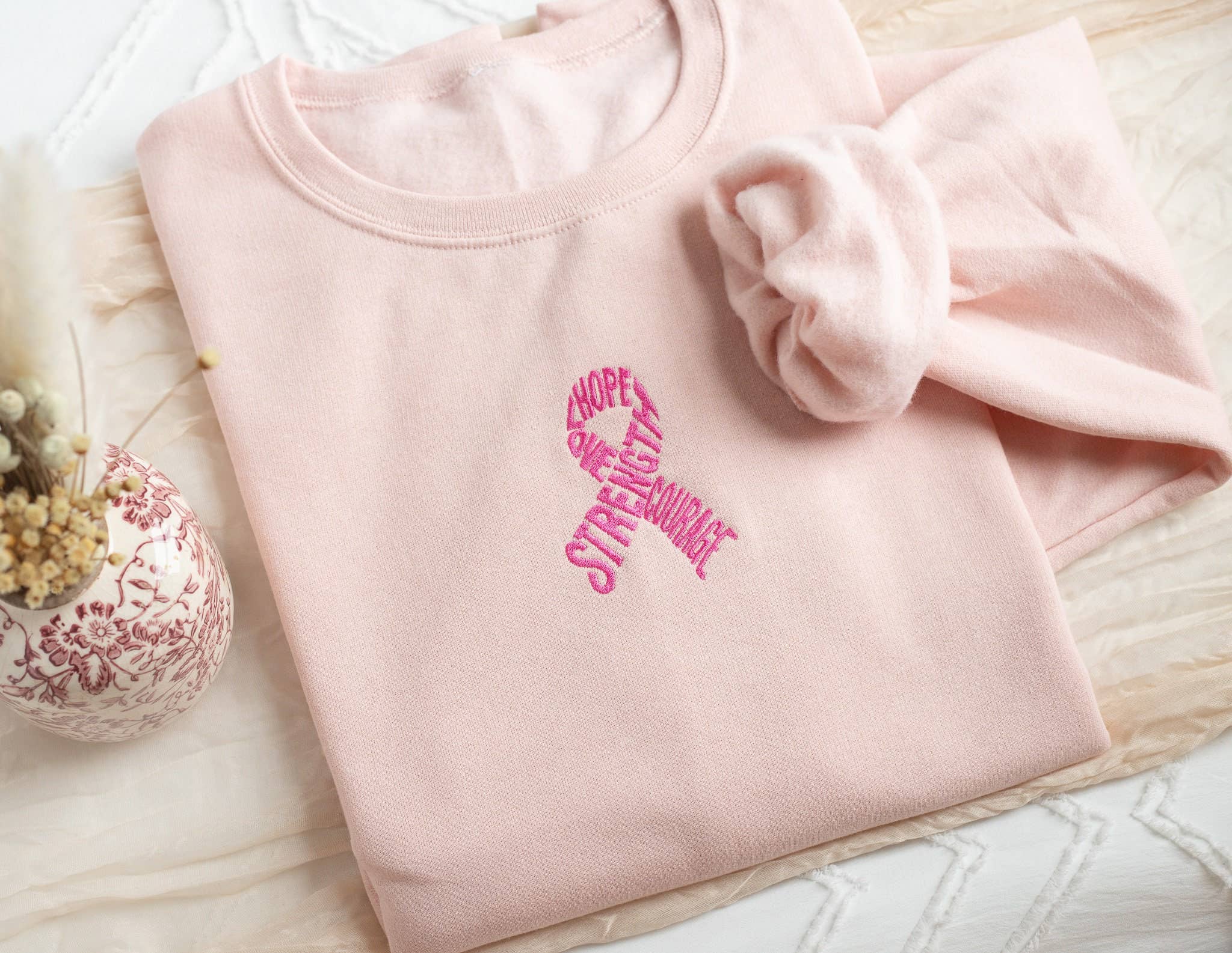 Embroidered Breast Cancer Awareness Motivational Sweatshirt – Blush Pink Coco’s Tee Boutique