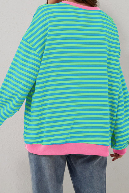 Casual sky blue striped oversized pullover with contrast trim