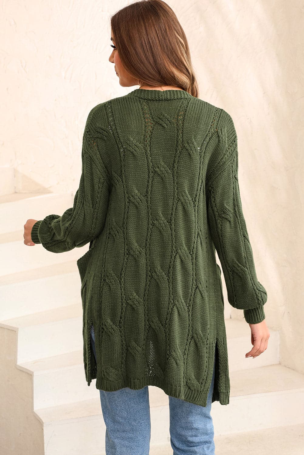 Cable-Knit Dropped Shoulder Slit Cardigan.