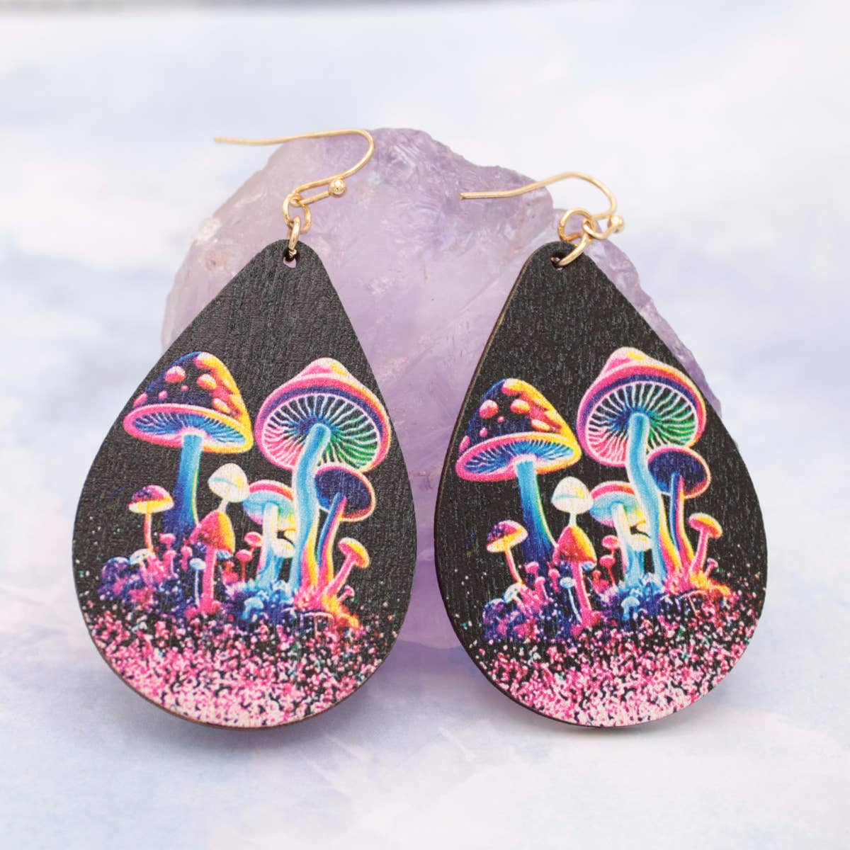 Neon Forest Mushroom Wood Teardrop Earrings Printed Fitkitty Culture Athleisure Wear, Yoga Wear & Women's Clothing