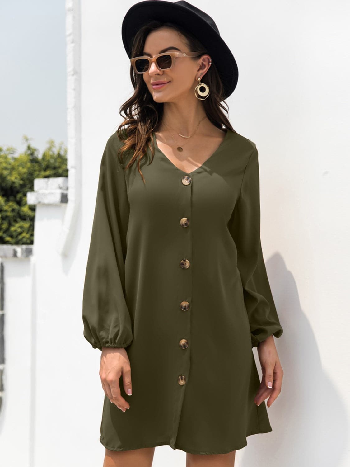 Chic Sheer Mini Dress With V-Neck And Buttoned Detail