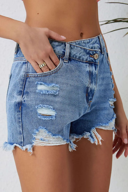 Crossover Cutie High Rise Distressed Denim Shorts