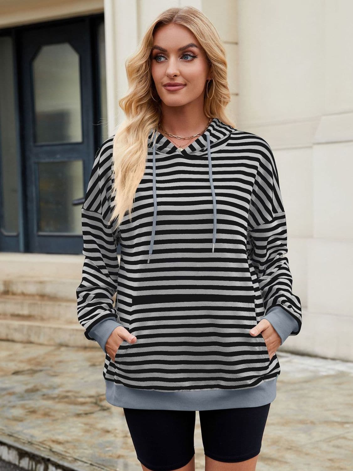 Contrast Striped Hoodie with Pockets