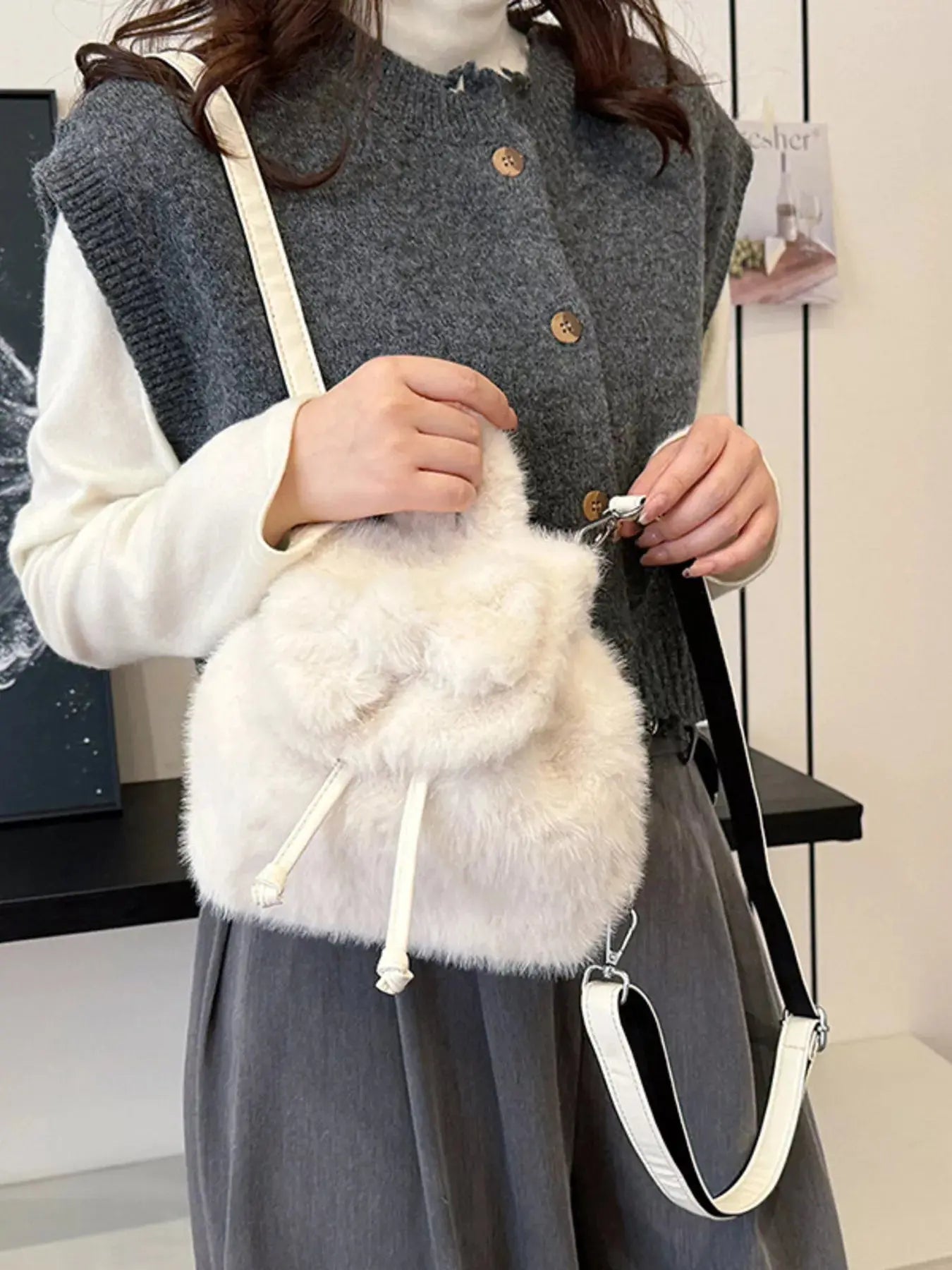 Fuzzy Plush Drawstring Backpack Bag Simply Love