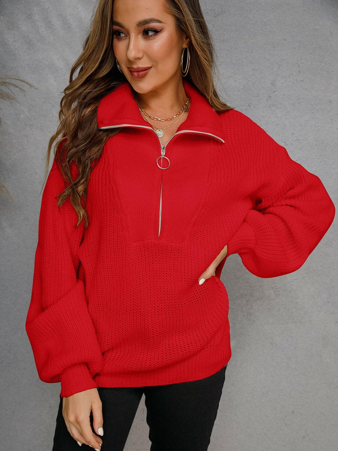 Half Zip Dropped Shoulder Sweater.