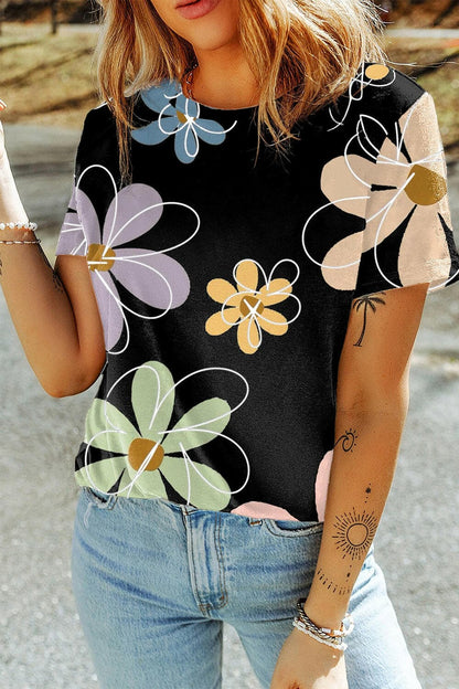 Flower Round Neck Short Sleeve T-Shirt.