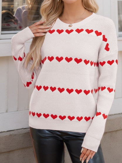 Cozy heart-patterned long sleeve sweater